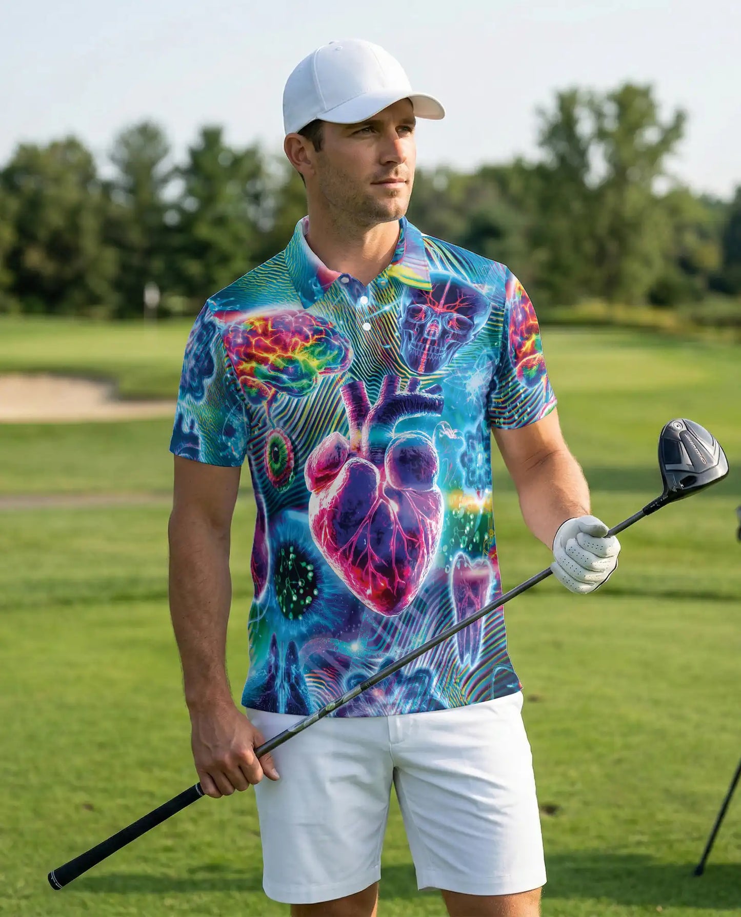 Medical  Polo Shirt – Neon Brain Heart Skull Design | Netecom
