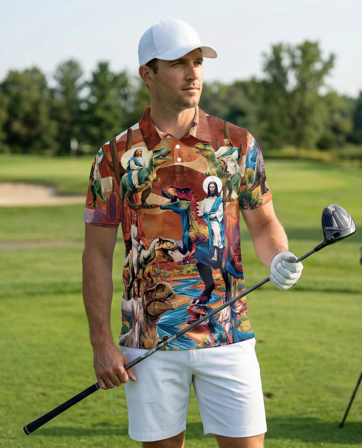Jesus Dinosaur Polo Shirt – Fantasy Desert Print | Netecom