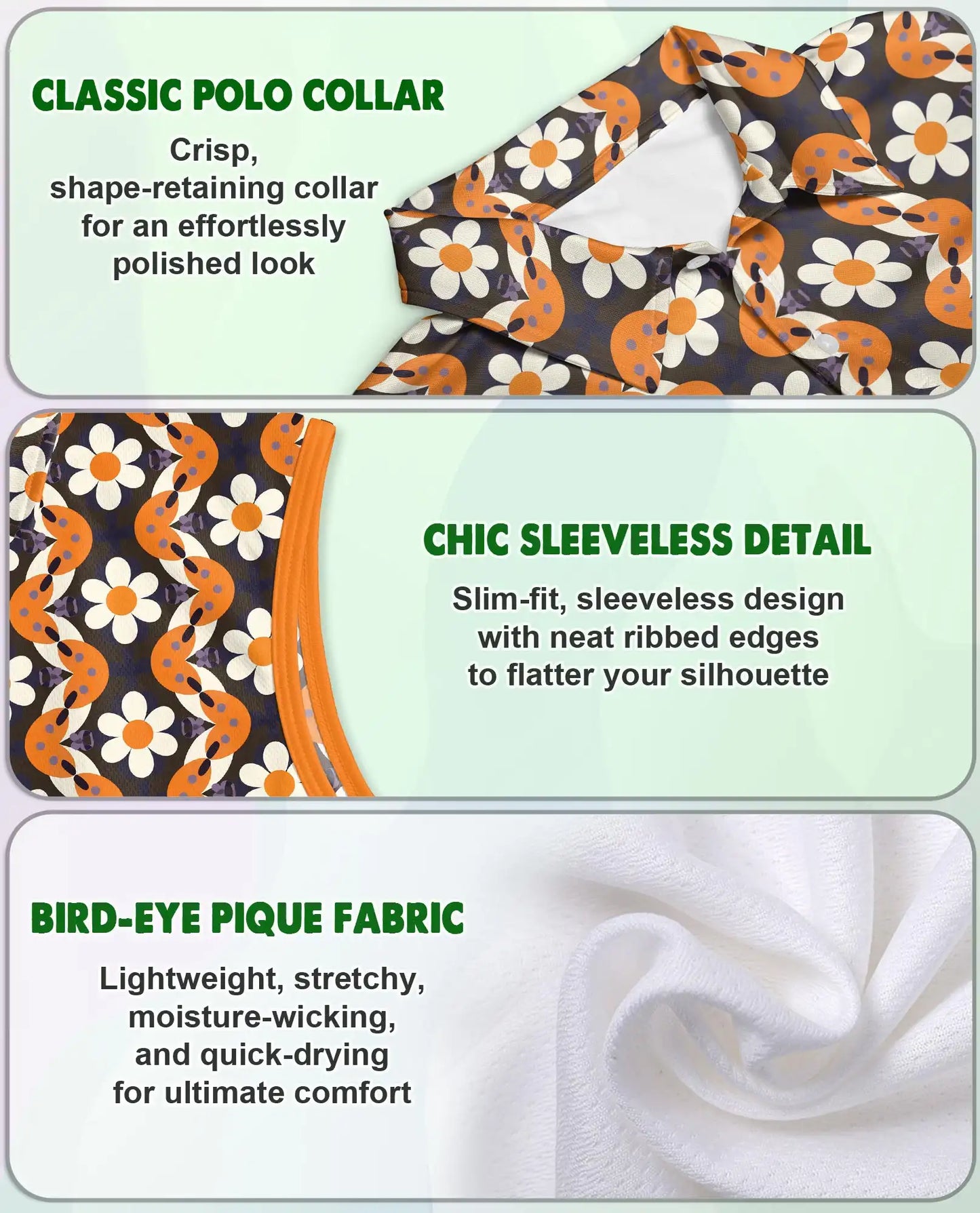 Orange Daisy Wave Pattern Sleeveless Polo Shirt for Women | Netecom