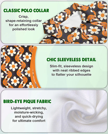 Orange Daisy Wave Pattern Sleeveless Polo Shirt for Women | Netecom