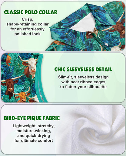 Cow and Tropical Leaves Pattern Sleeveless Polo Shirt for Women | Netecom
