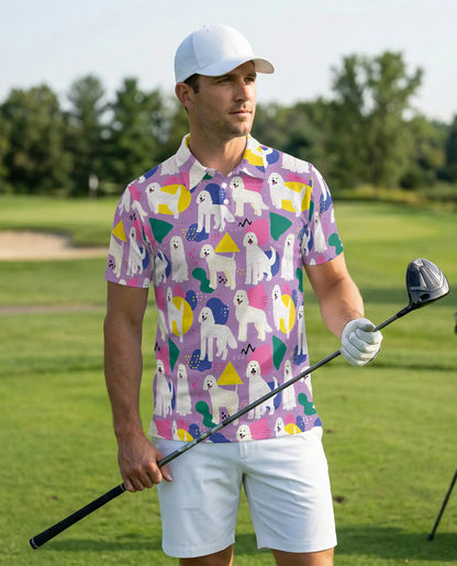 White Poodle Polo Shirt for Men-Retro Pop Art Dog Lover Pattern Shirt | Netecom