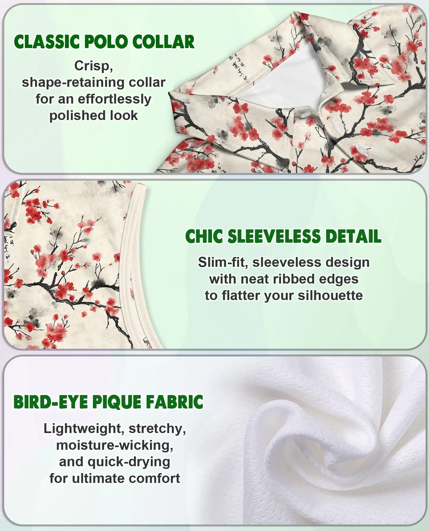 Sumi-e Cherry Blossom Branches Sleeveless Polo Shirt for Women | Netecom