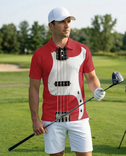 Red Bass Guitar 3D Polo Shirt for Men – Rock Music Instrument Style | Netecom