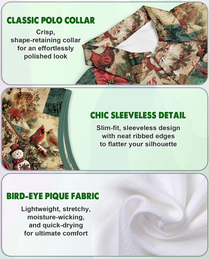 Vintage Christmas Collage Sleeveless Polo Shirt for Women | Netecom
