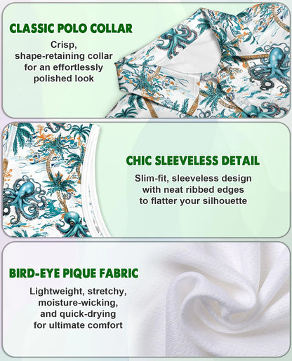 Octopus and Palm Tree Sleeveless Polo Shirt for Women | Netecom