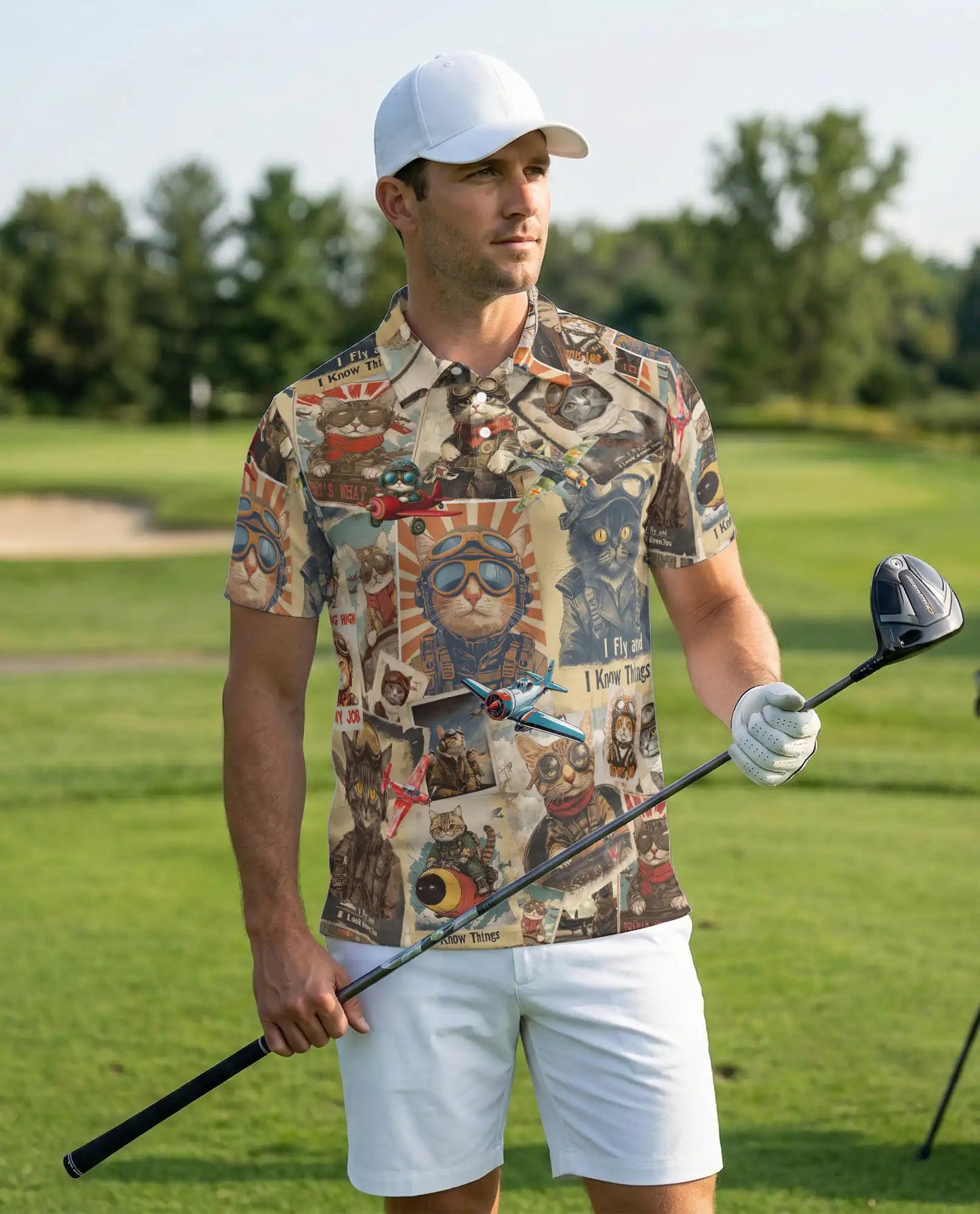 Pilot Cat 3D Polo Shirt for Men – Vintage Aviator Cat Style | Netecom