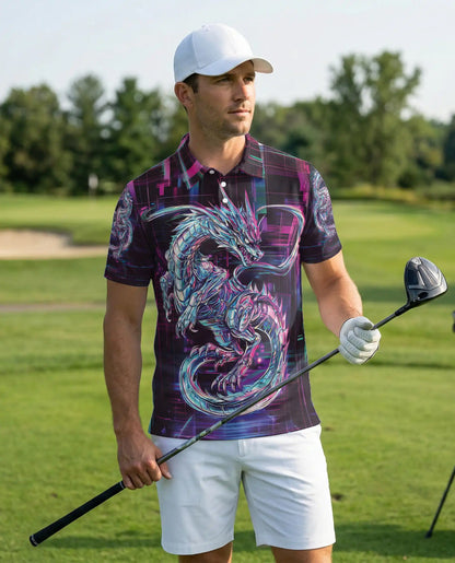 Cyber Dragon 3D Polo Shirt for Men – Neon Futuristic Fantasy Style | Netecom