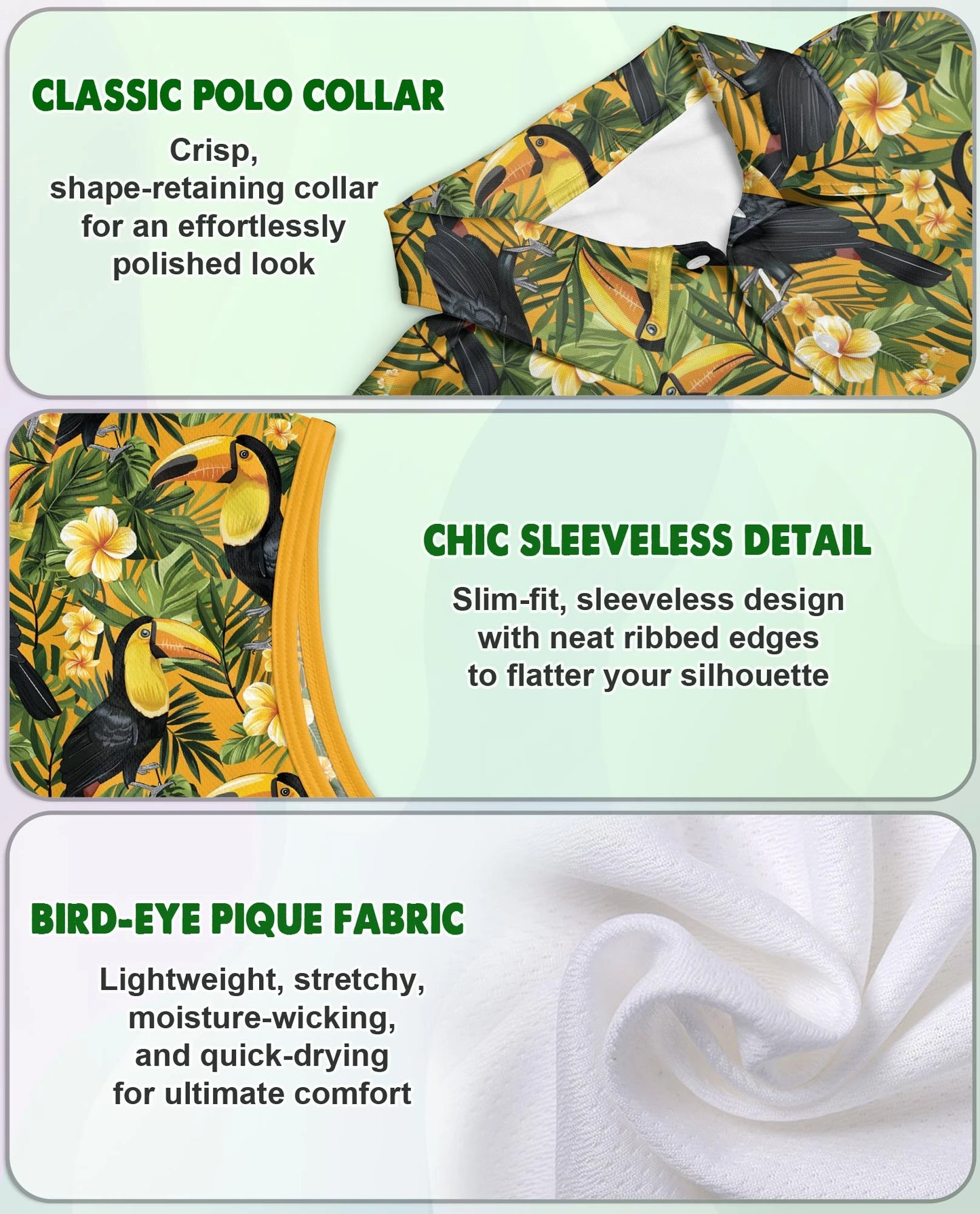 Toucan Tropical Floral Sleeveless Polo Shirt for Women – Exotic Bird Summer Style | Netecom