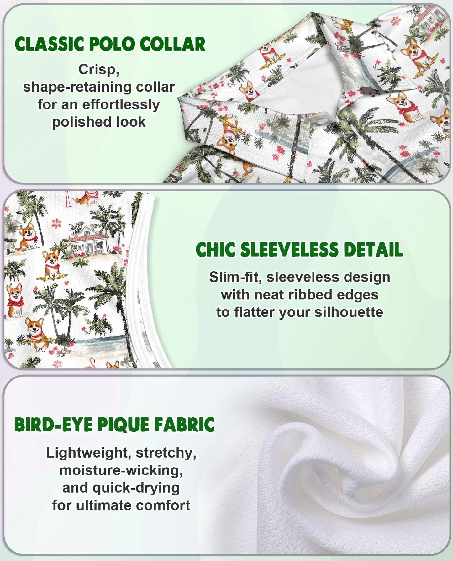 Corgi Palm Tree Pattern Sleeveless Polo Shirt for Women – Tropical Dog Style | Netecom
