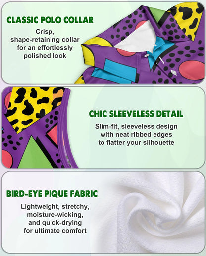 Retro Abstract Shapes Pattern Sleeveless Polo Shirt for Women | Netecom