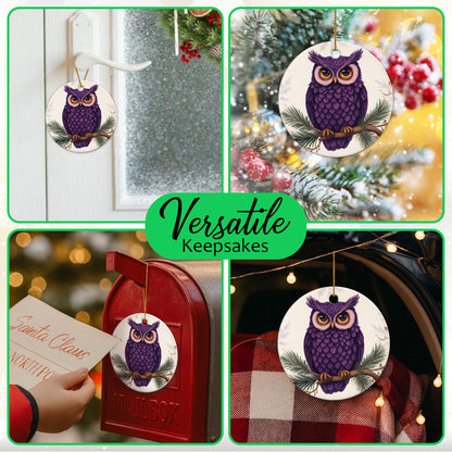 Netecom Cute Purple Owl Christmas Ornaments, Ceramic Birds on Branches Keepsake Ornament for Christmas Tree Decorations, Bird Lover Gift, Gifts for Holiday, Party, Home Decor