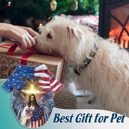 Netecom Matching America and Jesus Bless Hawaiian Shirt for Dog and Owner, Aloha Summer Shirt, Patriotic Faith Print Outfit for Pet and Human, Beach Vacation Casual Wear