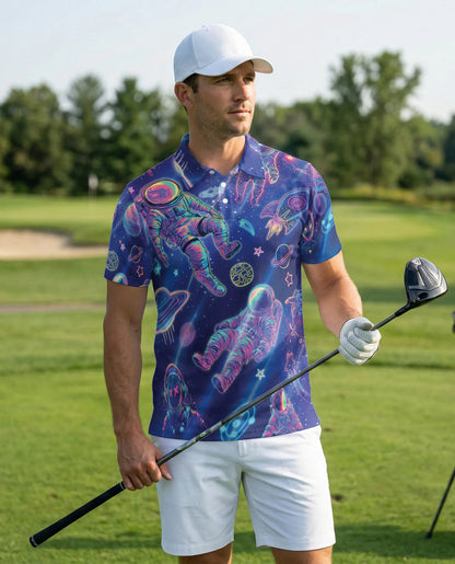 Astronaut Space 3D Polo Shirt for Men – Neon Galaxy Sci-Fi Style | Netecom