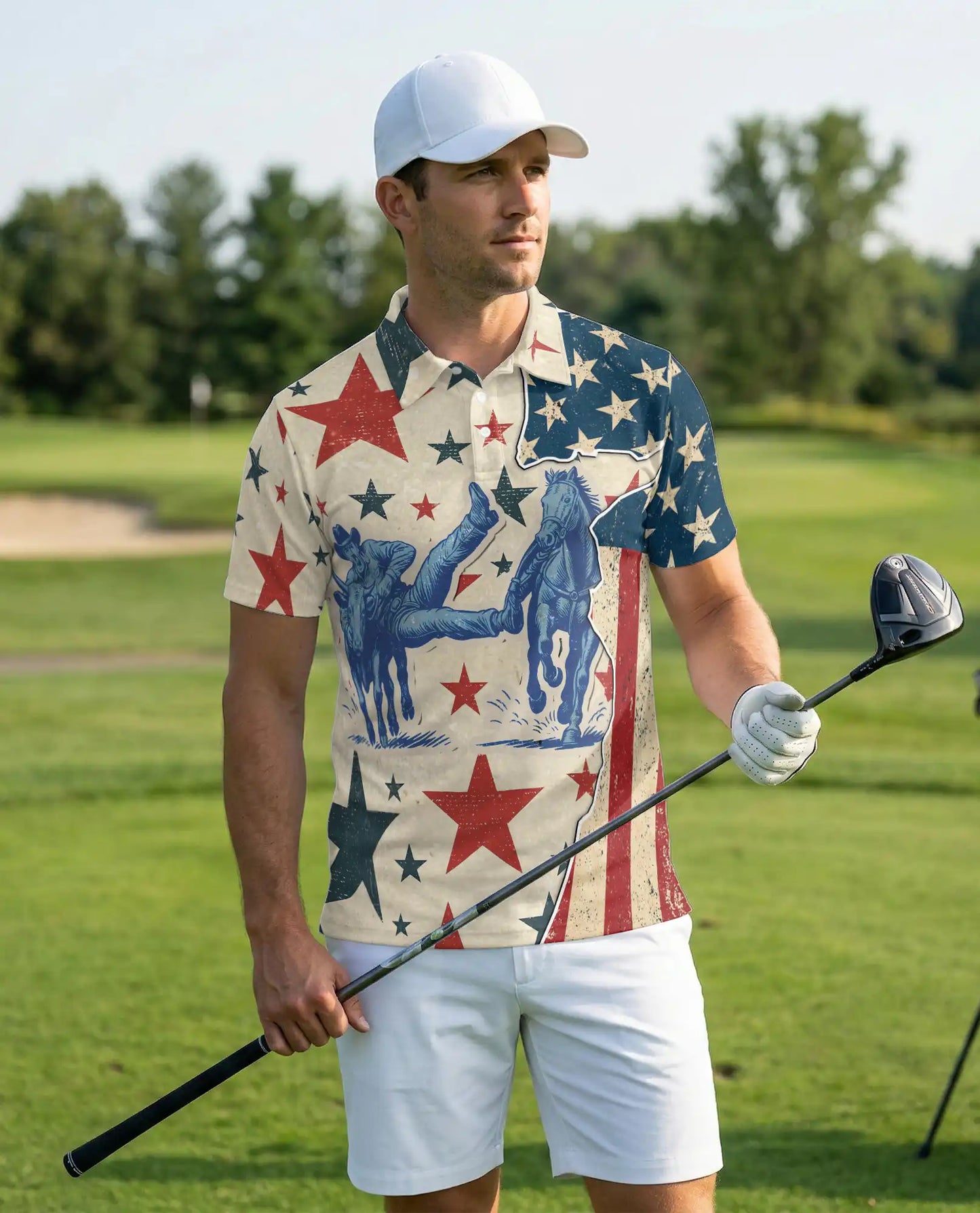 Vintage Cowboy Rodeo Polo Shirt Patriotic Western Stars Print | Netecom