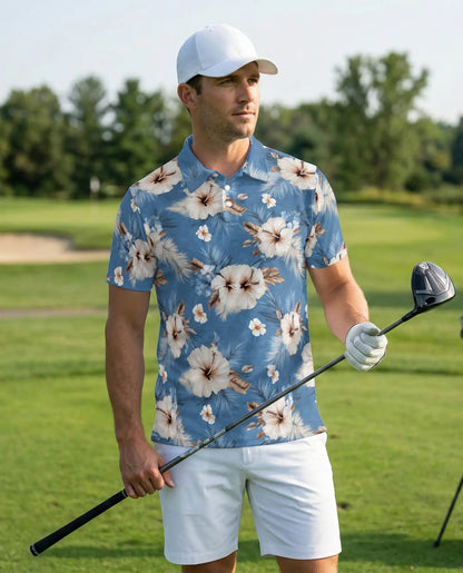 Blue Hibiscus Floral Polo Shirt | Netecom