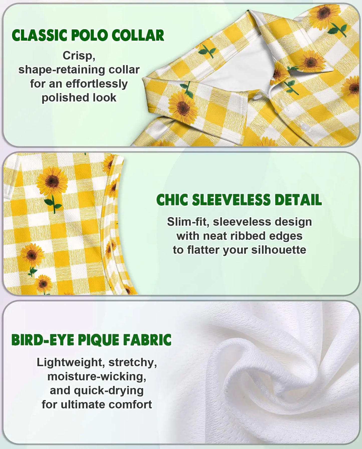 Yellow Gingham Sunflower Sleeveless Polo Shirt for Women | Netecom
