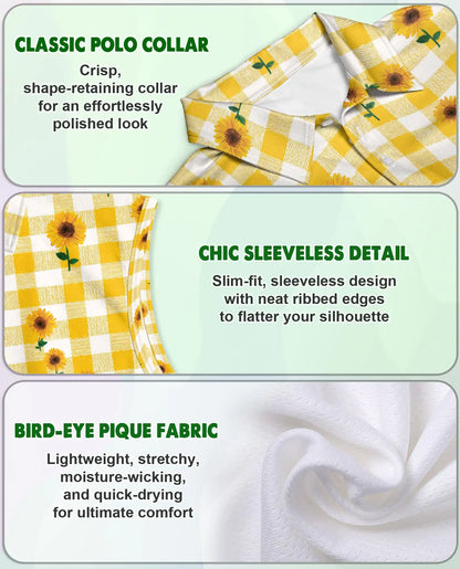 Yellow Gingham Sunflower Sleeveless Polo Shirt for Women | Netecom