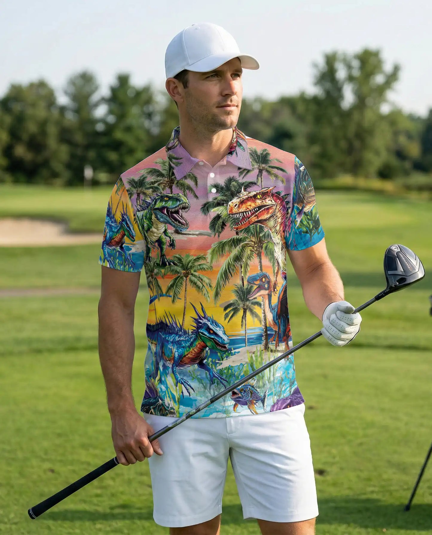 Dinosaur Tropical Polo Shirt – Prehistoric Beach Print | Netecom