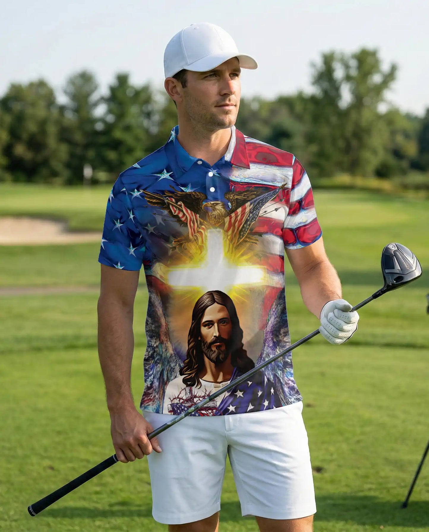 Jesus American Eagle 3D Polo Shirt for Men – Patriotic Christian Faith Style | Netecom