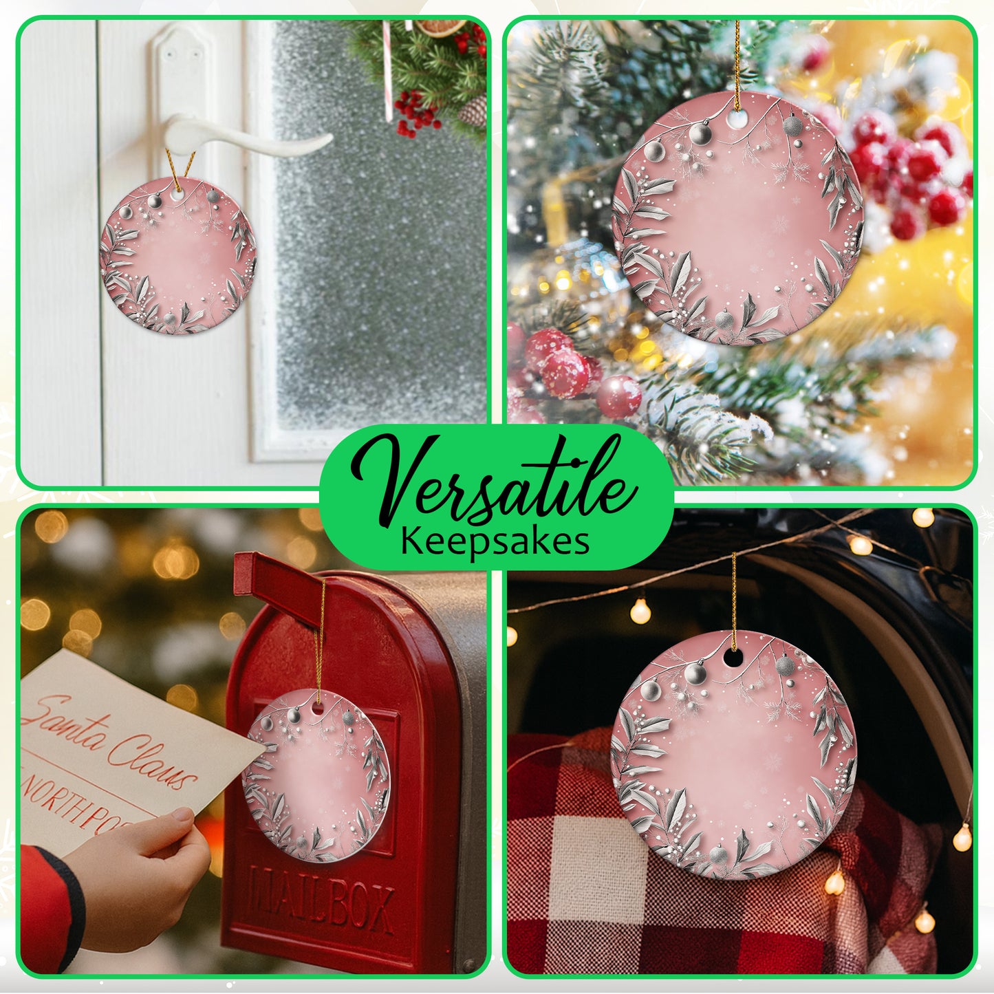 Netecom Elegant Pink Ornament, Ceramic Silver Holly Berries Keepsake Ornament for Xmas Tree Decorations, Gifts for Holiday, Party, Home Decor