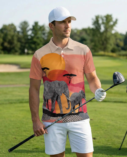 African Elephant Polo Shirt – Safari Sunset Wildlife Print | Netecom