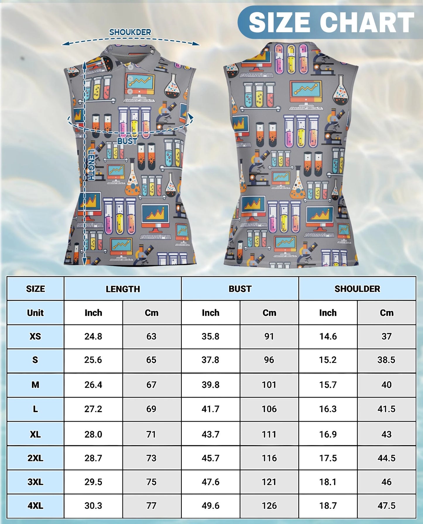Science Lab Doodle Pattern Sleeveless Polo Shirt for Women | Netecom