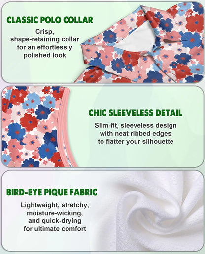 Red And Blue Floral Sleeveless Polo Shirt for Women | Netecom