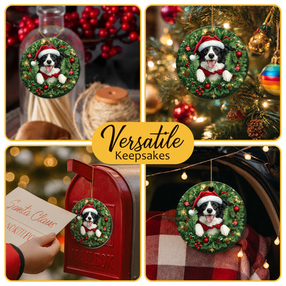 Netecom Cute Border Collie Christmas Ornament, Dog Santa Hat Ceramic Ornament for Xmas Tree Hanging Decorations Gift, Puppy Lover Gifts, Home Decor, Holiday Party Present