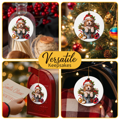 Netecom Cute Cocker Spaniel in Bucket Ornament, Dog with Santa Hat Ceramic Ornament for Christmas Tree Hanging Decorations Gift, Puppy Lover Gifts, Home Decor, Holiday Party Present