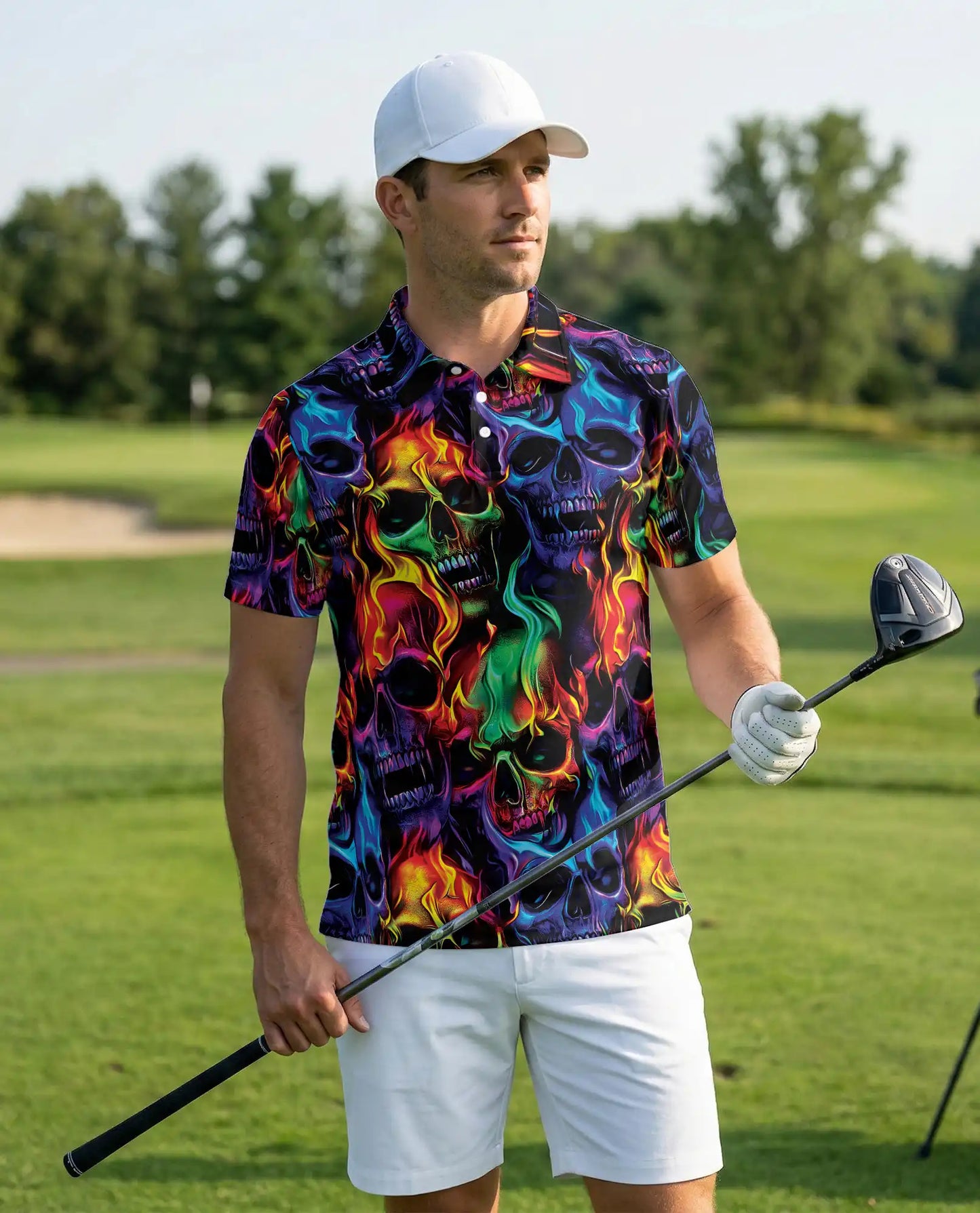 Flaming Skull Neon 3D Polo Shirt for Men | Netecom