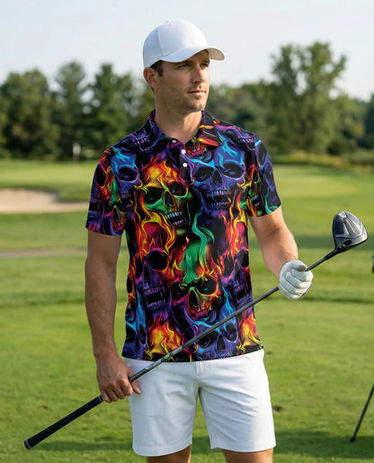 Flaming Skull Neon 3D Polo Shirt for Men | Netecom