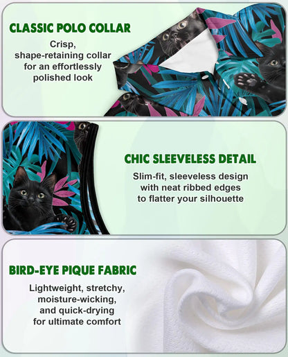 Black Cat Tropical Leaves Sleeveless Polo Shirt for Women| Netecom