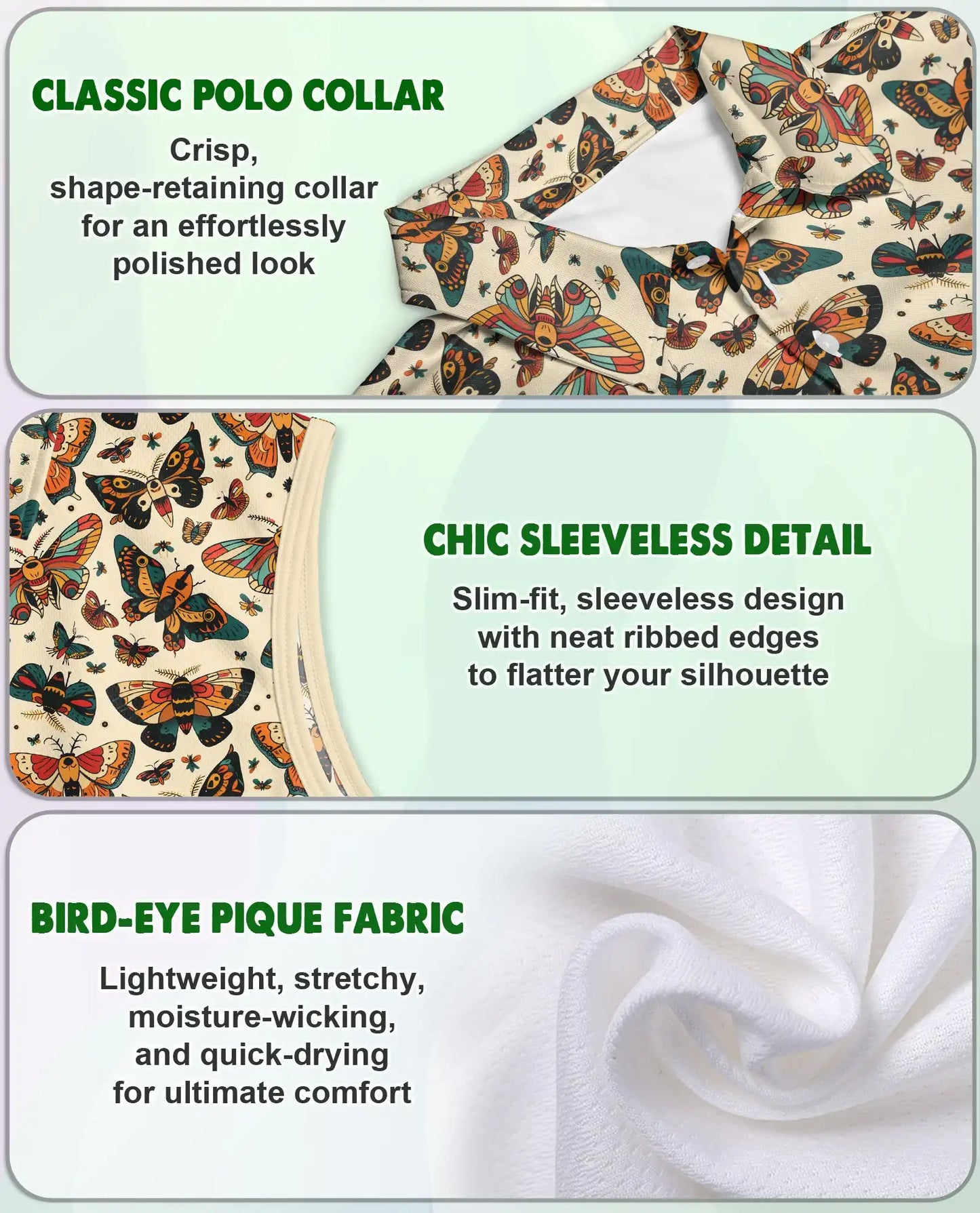 Antique Butterfly Chart Pattern Sleeveless Polo Shirt for Women | Netecom