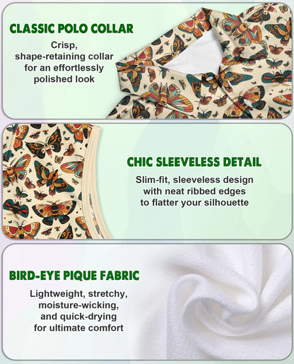 Antique Butterfly Chart Pattern Sleeveless Polo Shirt for Women | Netecom