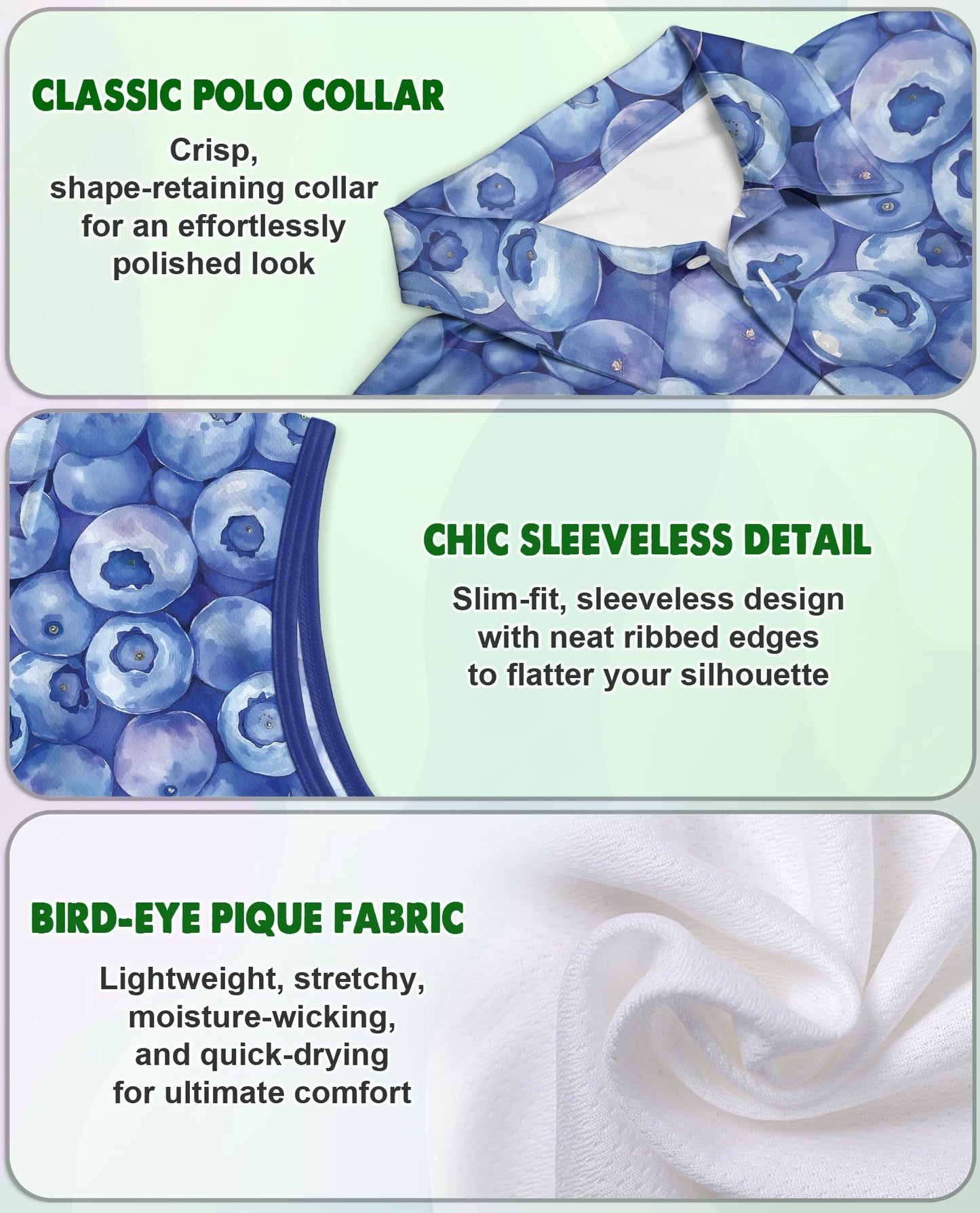 Blueberry Pattern Sleeveless Polo Shirt for Women – Fresh Fruit Summer Style | Netecom
