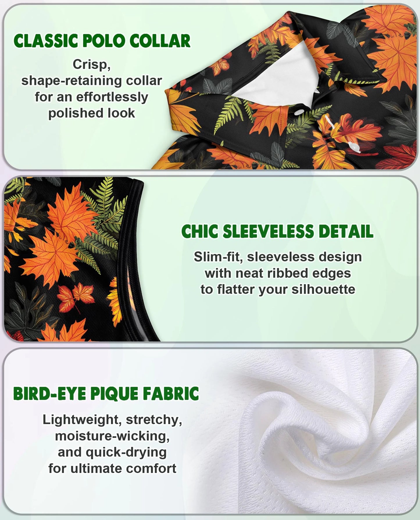 Autumn Maple Leaf Pattern Sleeveless Polo Shirt for Women | Netecom