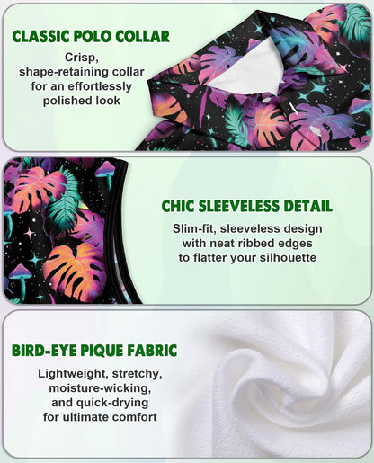 Neon Mushroom Leaves Sleeveless Polo Shirt for Women – Colorful Nature Style | Netecom