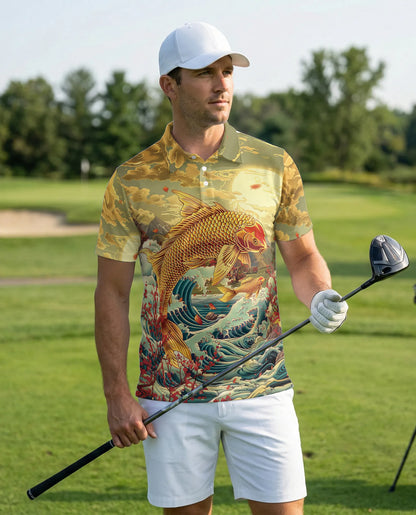 Golden Koi Fish 3D Polo Shirt for Men – Japanese Ocean Art Style | Netecom