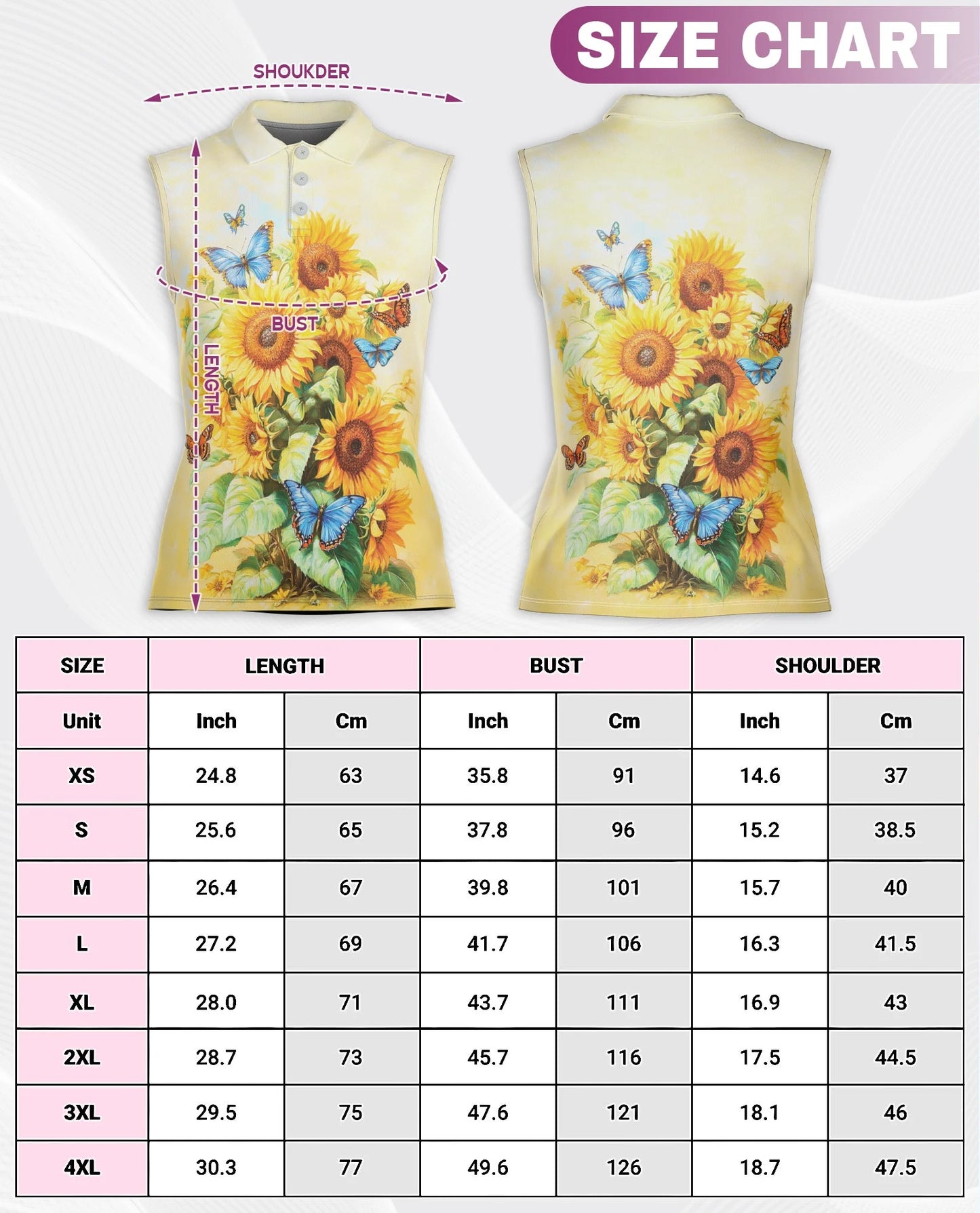 Sunflower Butterfly Sleeveless Polo Shirt for Women | Netecom