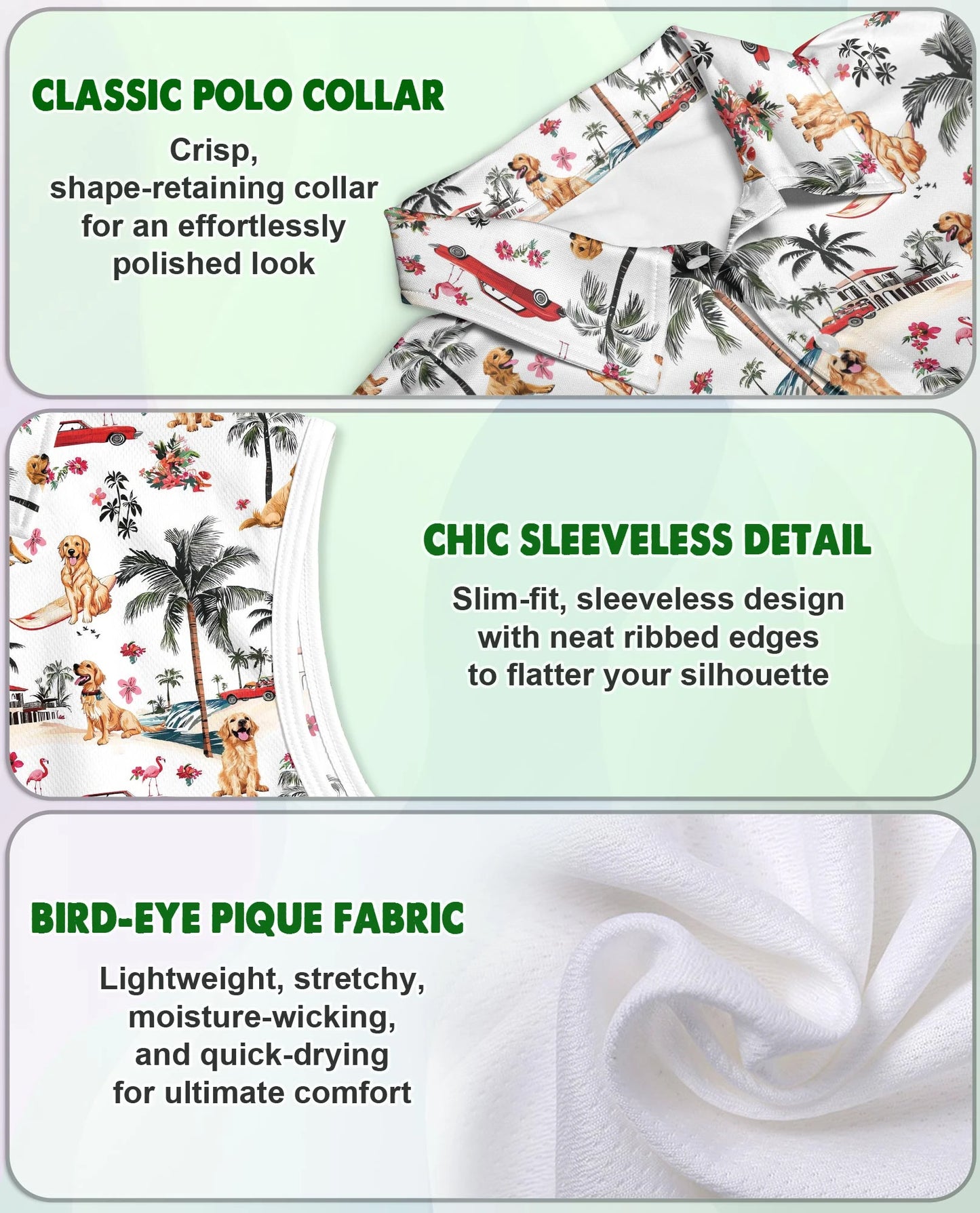 Tropical Dog and Flamingo Pattern Sleeveless Polo Shirt for Women | Netecom