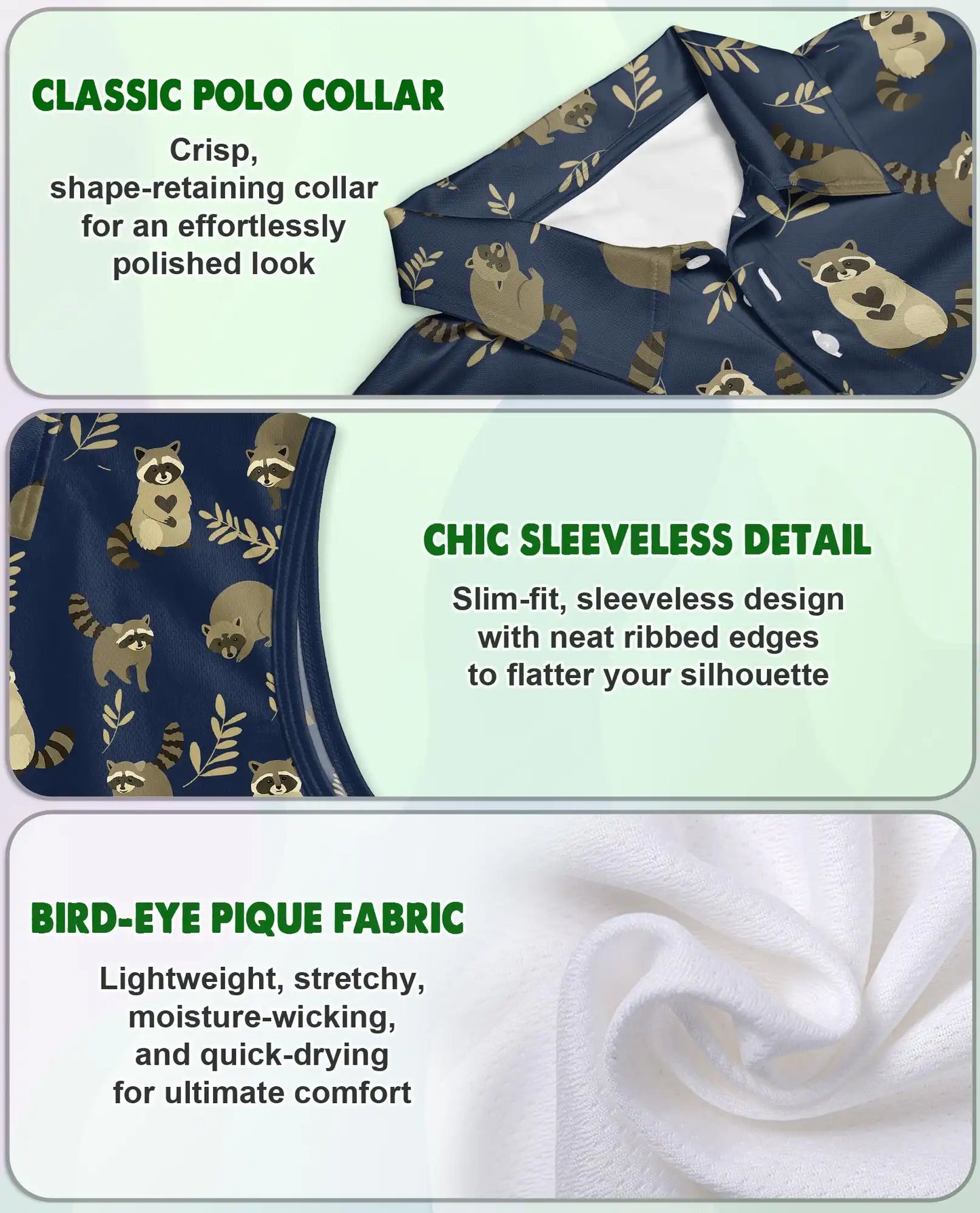Navy Raccoon Pattern Sleeveless Polo Shirt for Women | Netecom
