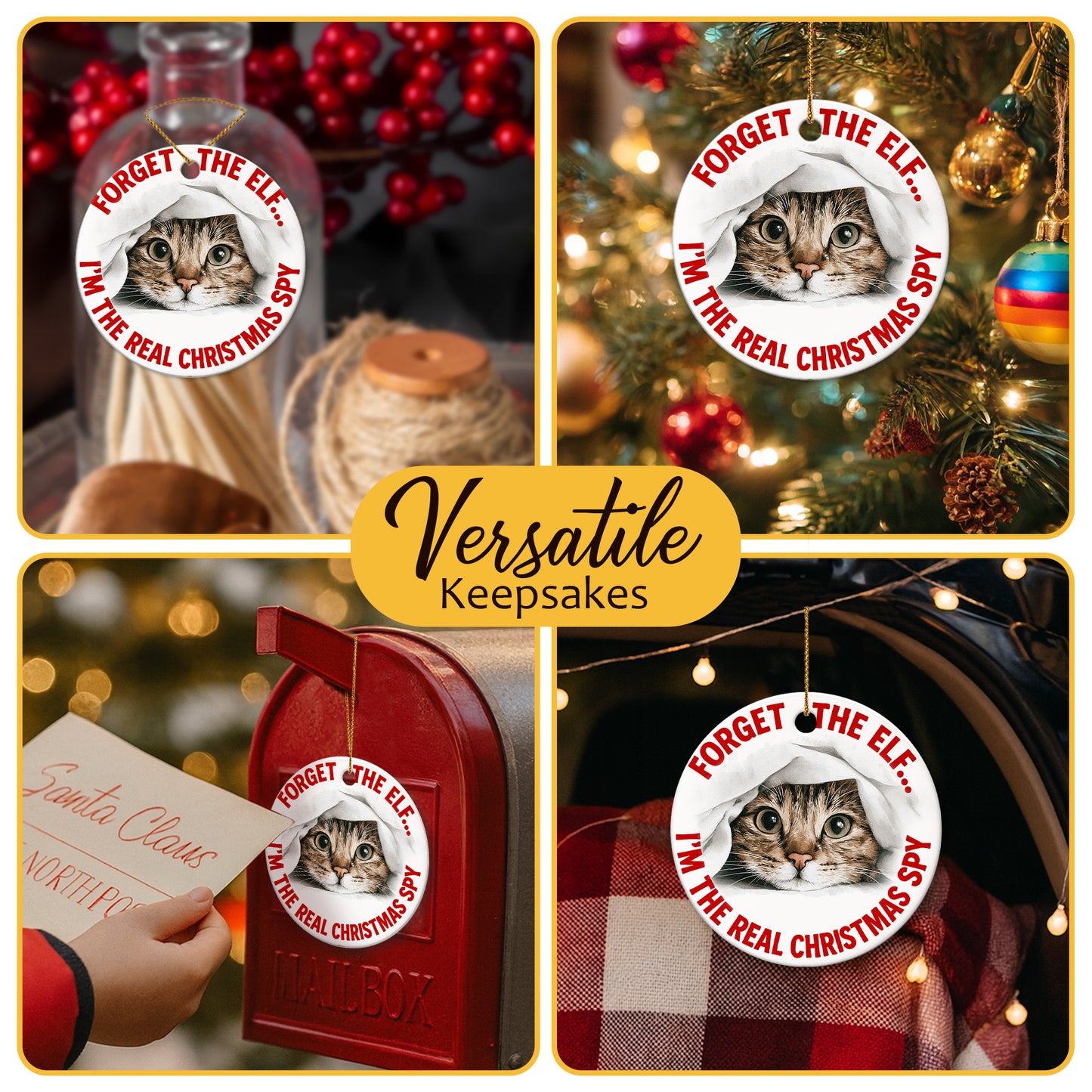 Netecom Funny Cat Christmas Ornament, Forget the Elf I'm the Real Christmas Spy Ceramic Ornament for Tree Hanging Decorations Gift, Cat Lover Gifts, Holiday Party Present