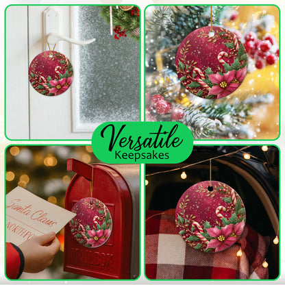 Netecom Pink Poinsettia and Holly Berries Leaves Christmas Ornament, Ceramic Candy Cane Keepsake Ornament for Xmas Tree Decorations, Gifts for Holiday, Party, Home Decor