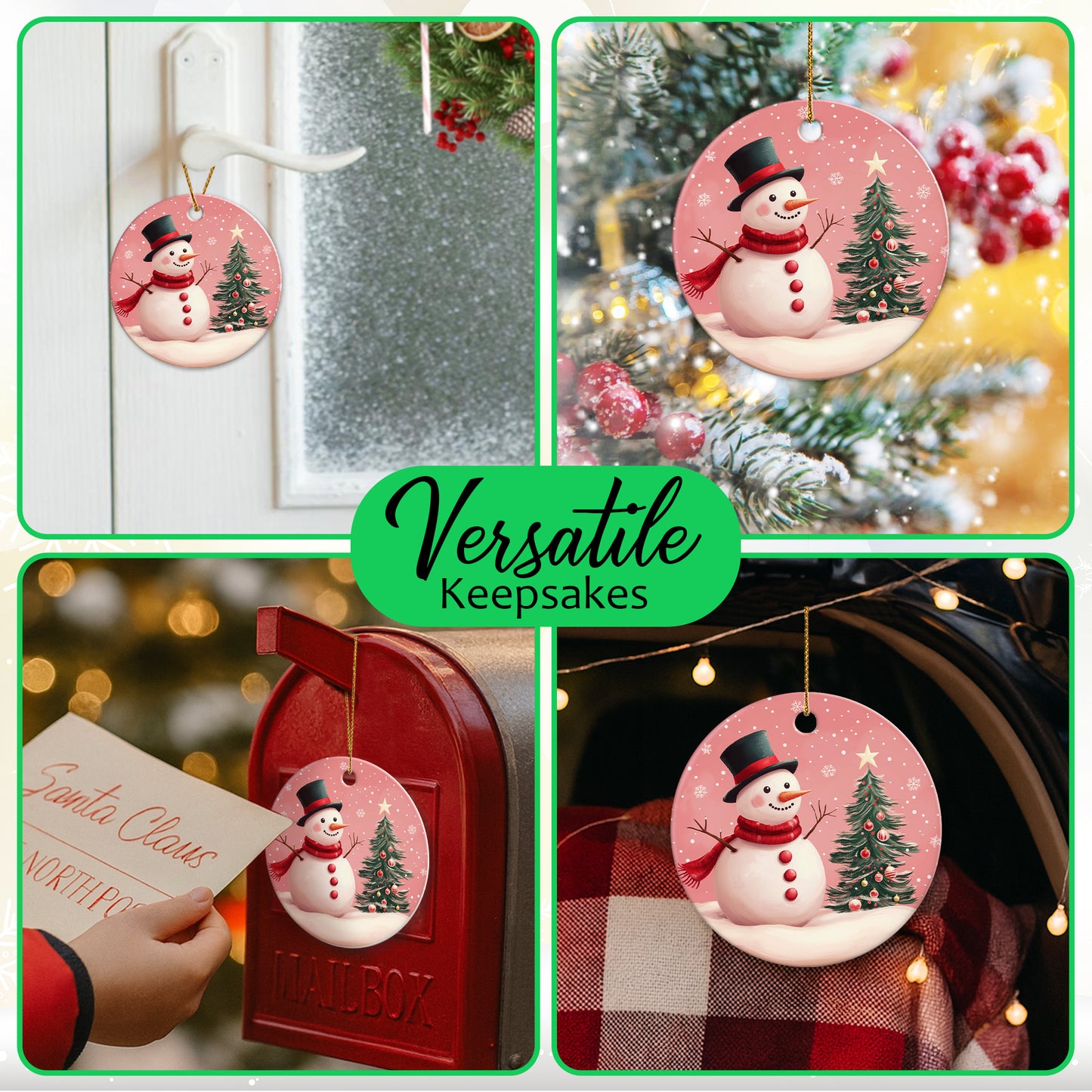 Netecom Elegant Pink Snowman in Snow Christmas Ornament, Ceramic Winter Scene Keepsake Ornament for Xmas Tree Decorations, Gifts for Holiday, Party, Home Decor