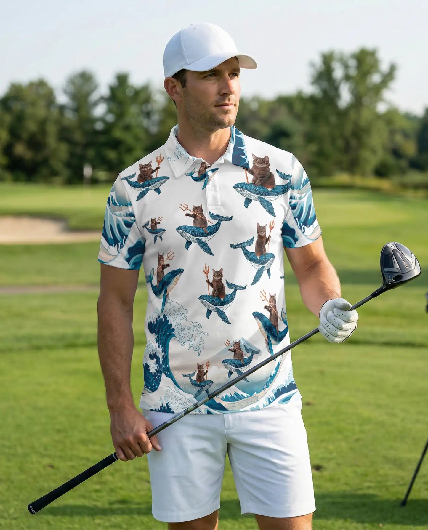 Funny Cat Riding Whale 3D Polo Shirt for Men – Ocean Fantasy Animal Style | Netecom
