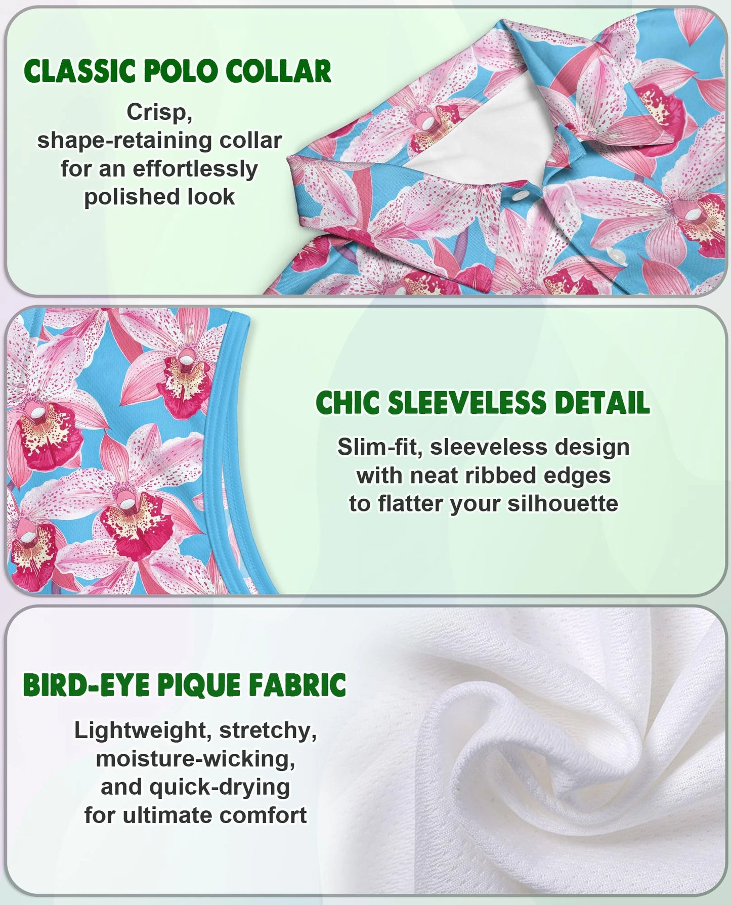 Pink Orchids Blue Sky Sleeveless Polo Shirt for Women – Tropical Floral Style | Netecom