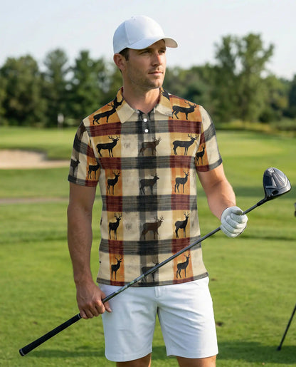 Deer Plaid 3D Polo Shirt for Men – Rustic Hunting Outdoor Style | Netecom