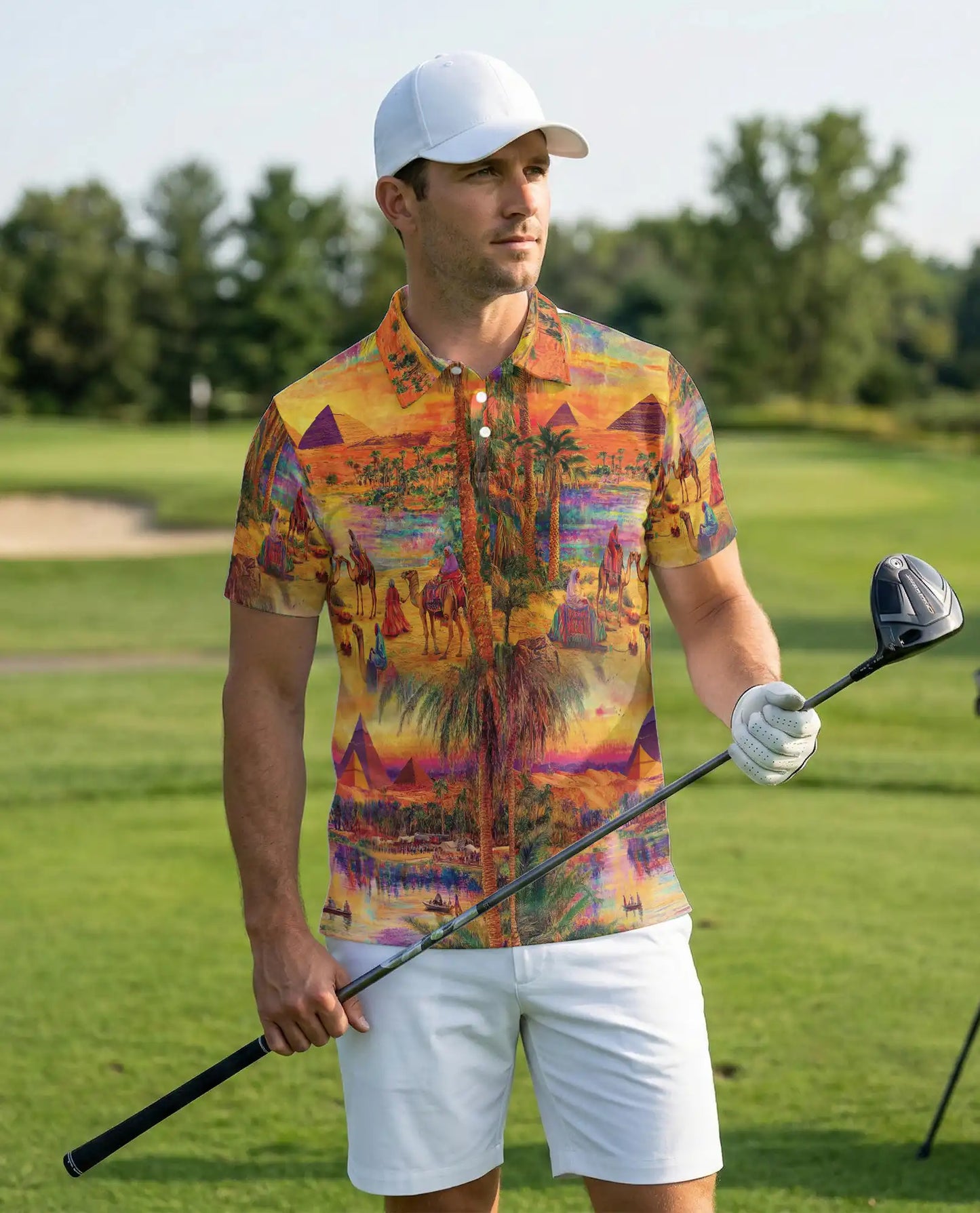 Egyptian Desert Pyramid 3D Polo Shirt for Men – Camel Oasis Travel Style | Netecom