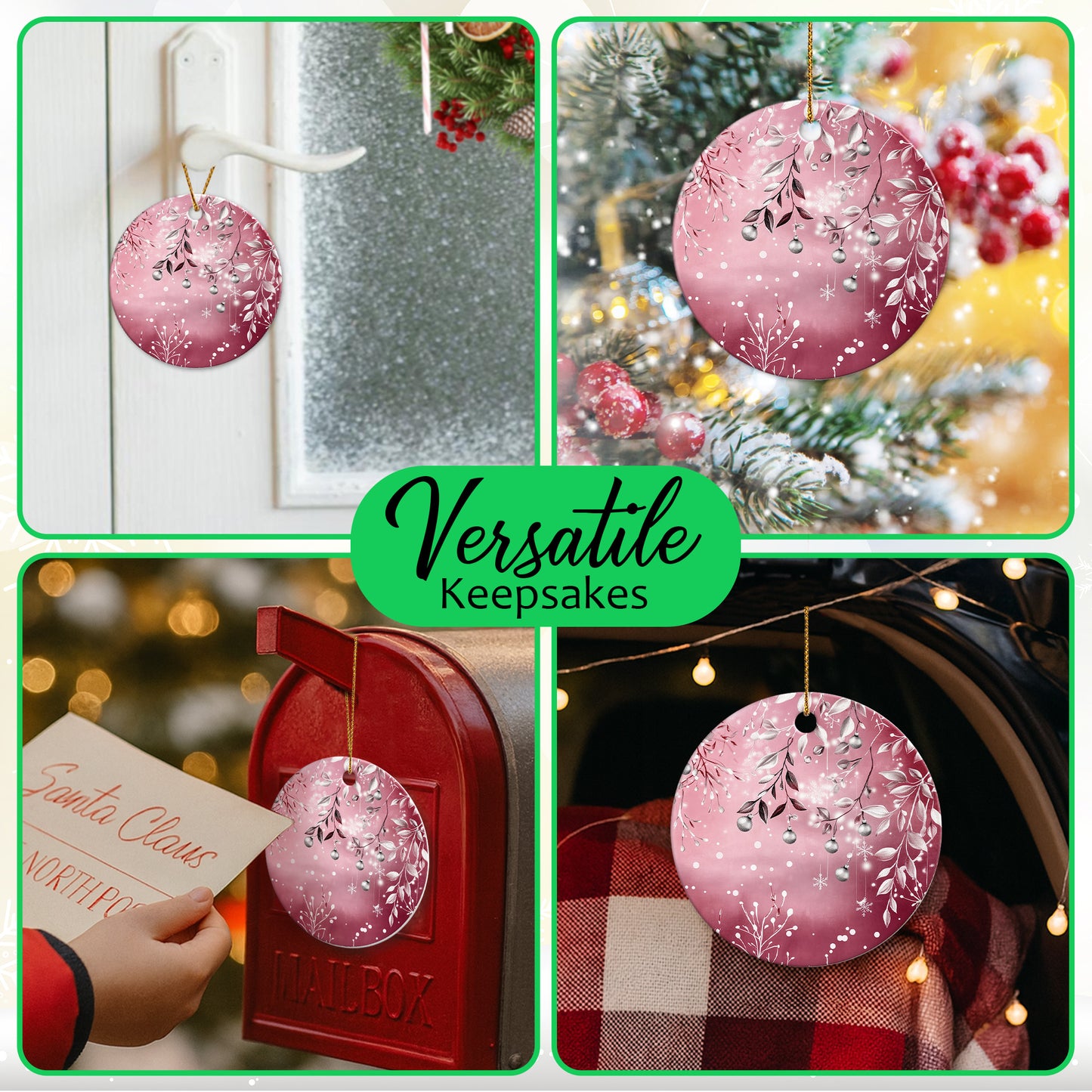Netecom Elegant Pink Ornament, Ceramic Silver Holly Berries and Baubles Keepsake Ornament for Xmas Tree Decorations, Gifts for Holiday, Party, Home Decor